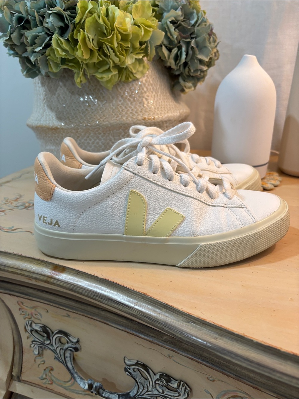 Veja White Leather Sneakers with Pale Yellow V and Tan Heel